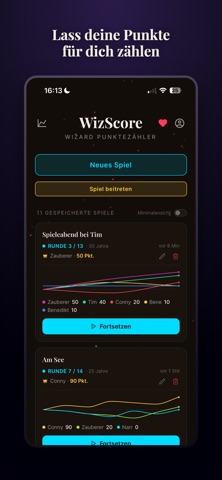 WizScore dashboard and saved games